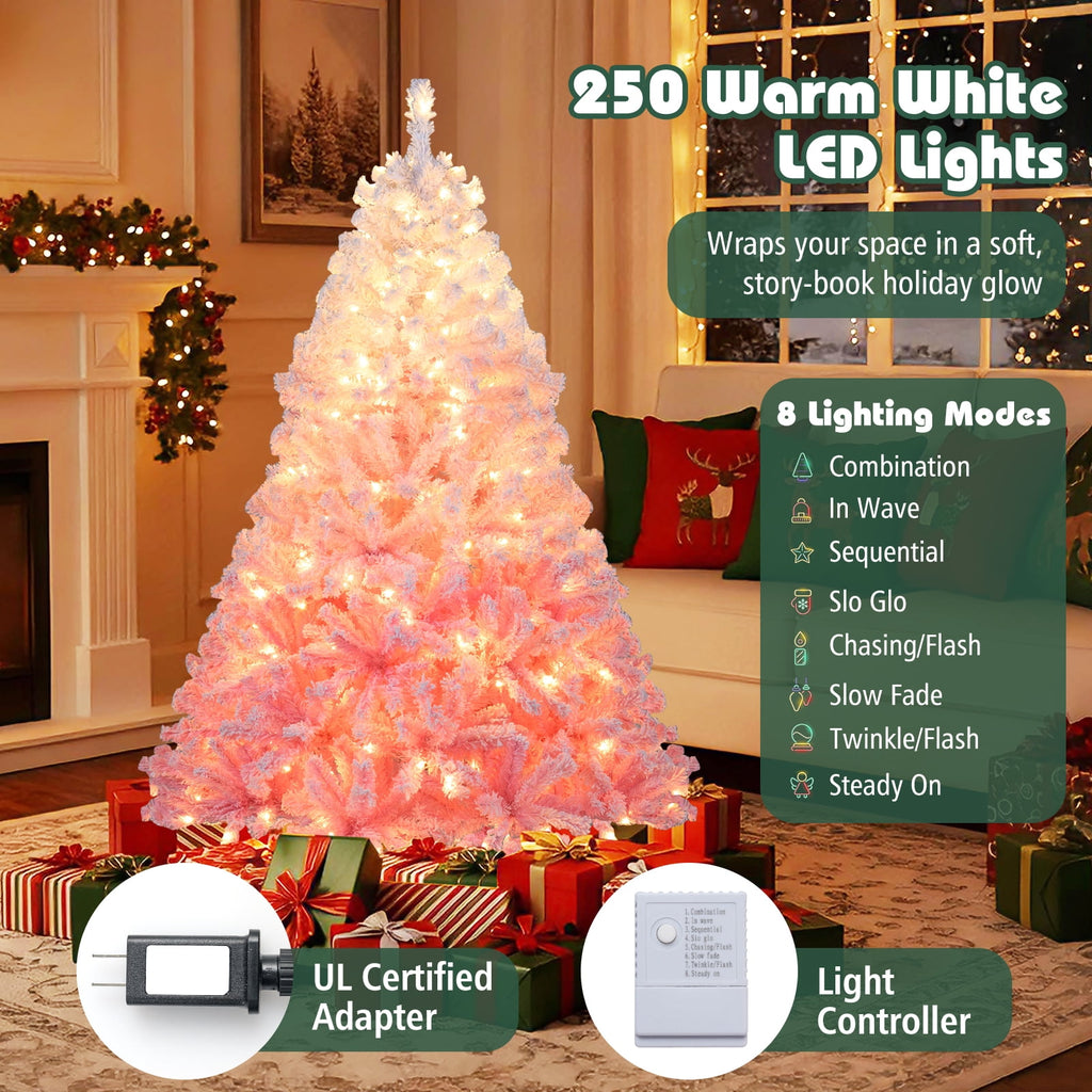 Costway 6 FT Artificial Christmas Tree with 250 Warm White LED Lights, 8 Lighting Modes & Folding Metal Stand White & Pink