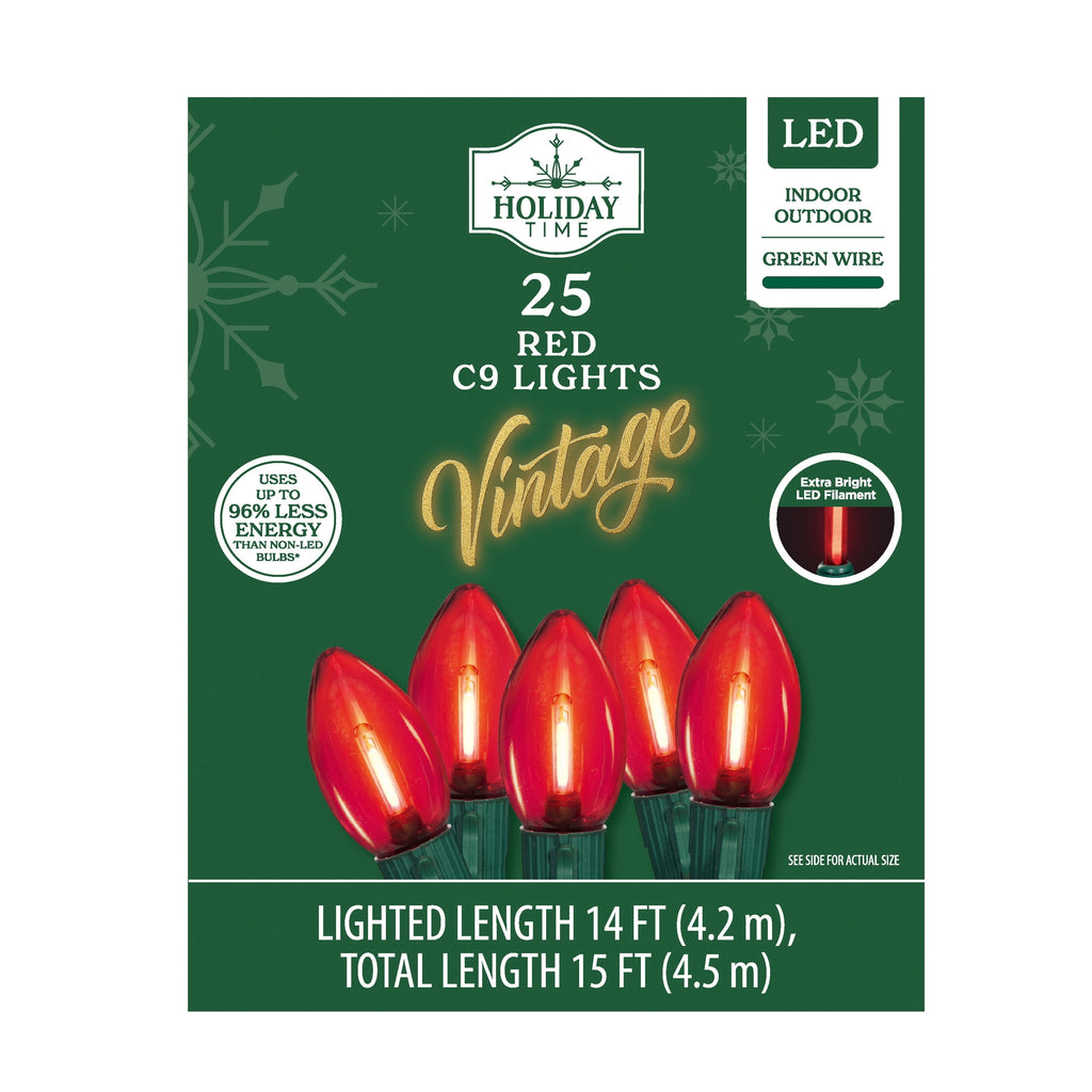 Indoor/Outdoor 25-Count LED Extra Bright Vintage-Style C9 Christmas String Lights, Warm White, Green Wire, 14', by Holiday Time