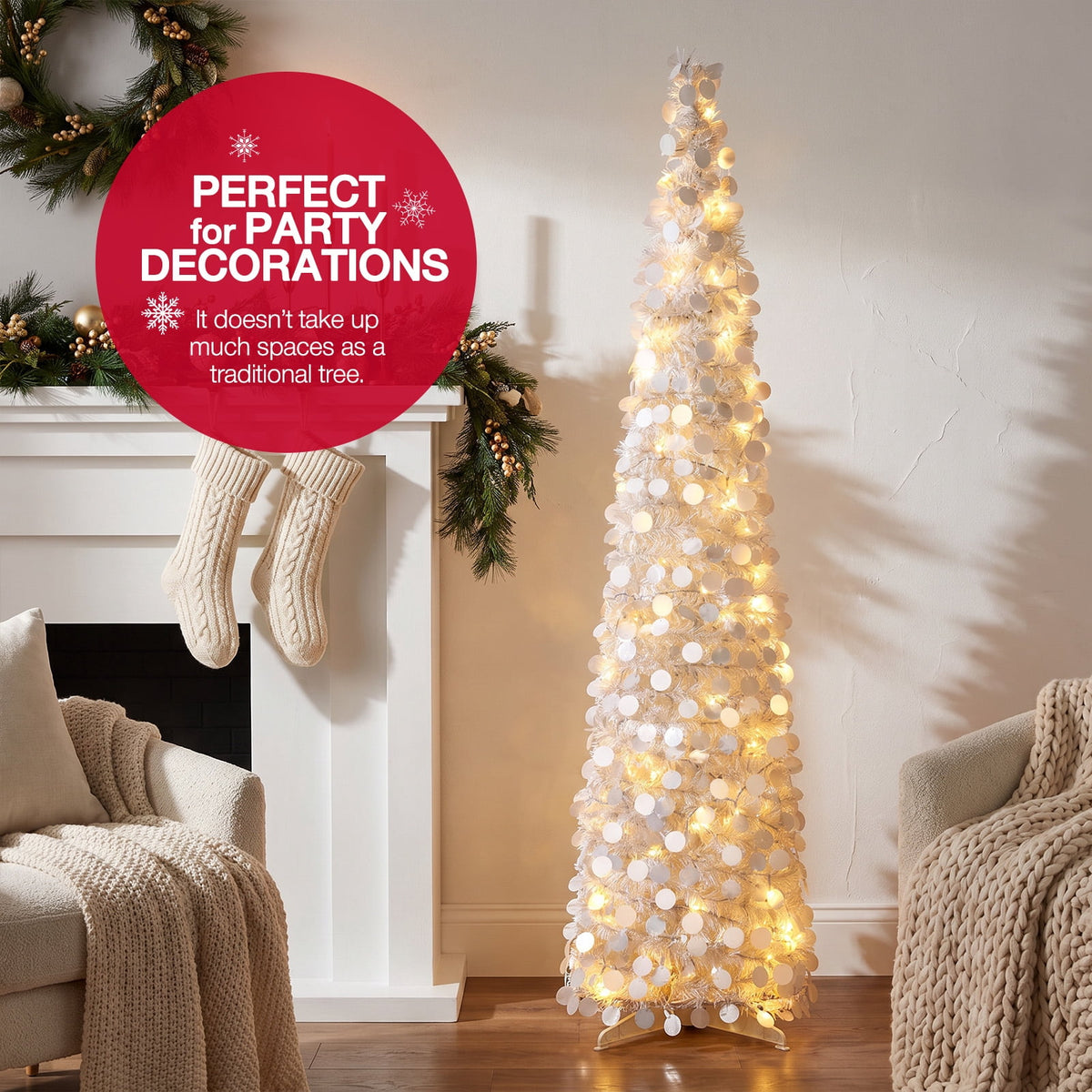 Ayieyill 5ft Pencil Christmas Tree, Collapsible Xmas Tree with Lights, Pop Up Tinsel Tree for Christmas Decorations Indoor, Pink White