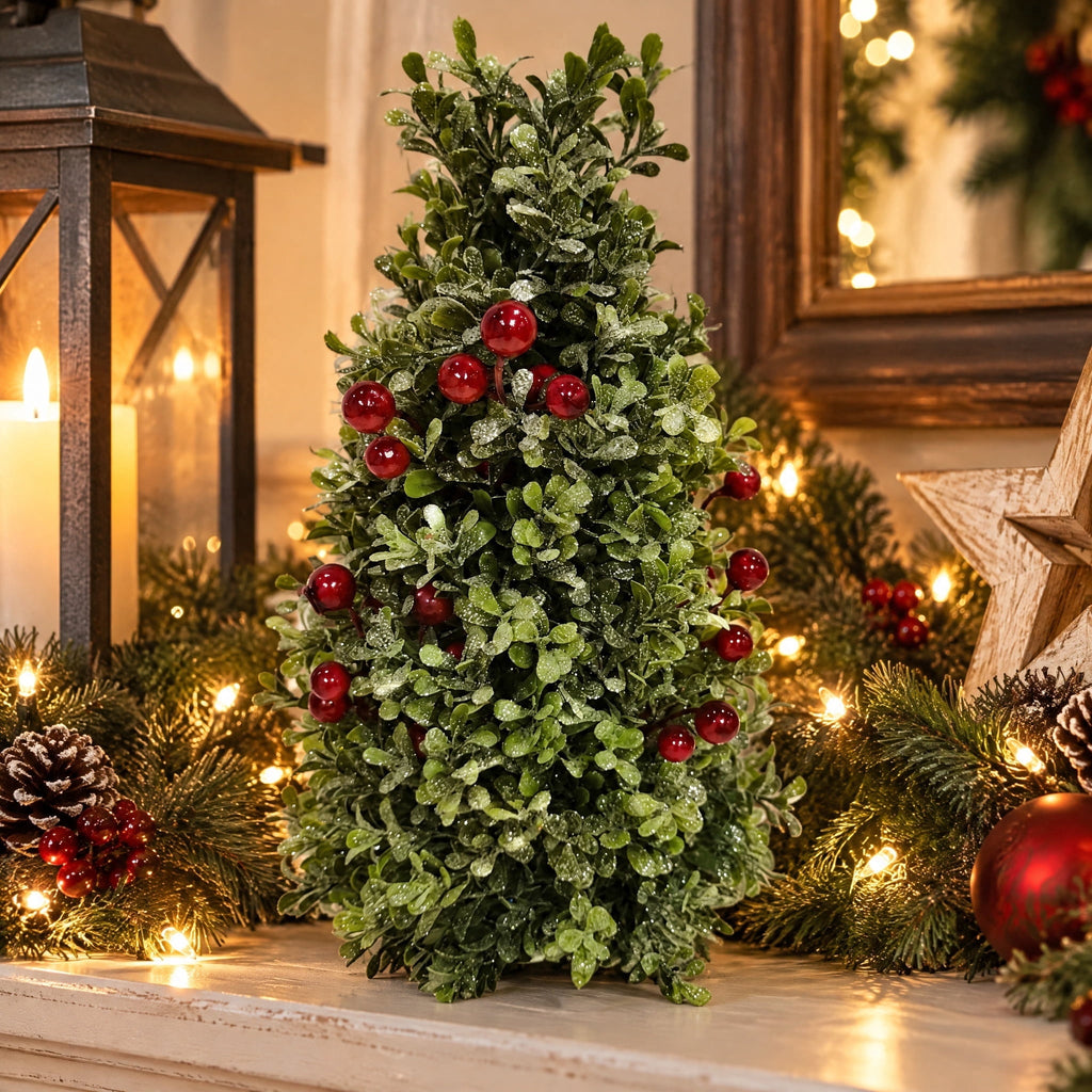 Boxwood Tree with Berries Christmas Decoration, Green and Red, 12", by Holiday Time