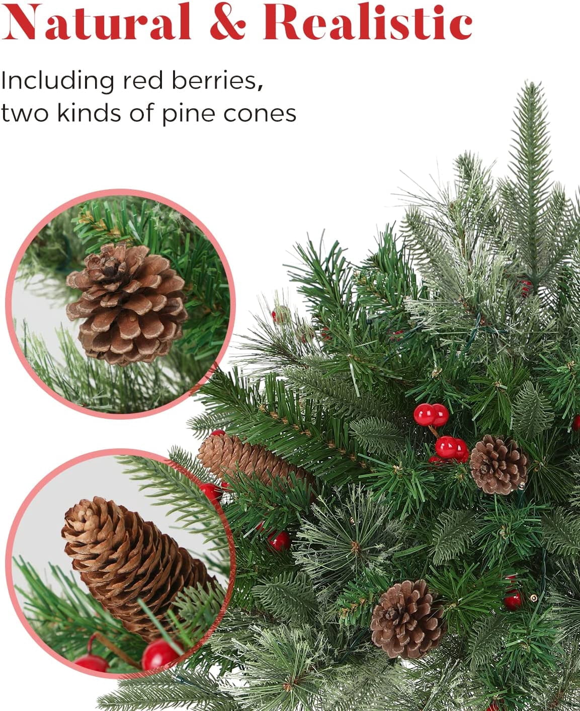OasisCraft Outdoor Christmas Tree Frosted Urn Filler, Pre-lit Artificial Xmas Tree with Cones & Red Berries, 18 Inch Small Christmas Tree with 50 Warm Lights