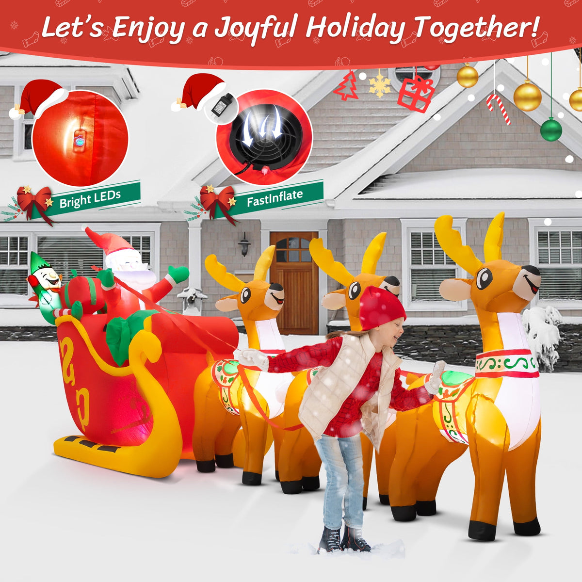Yexmas 10ft Christmas Inflatable Santa Claus On Sleigh With 3 Reindeer Outdoor Lights Decor for Holiday Decor,Xmas Party,Yard,Garden and Lawn