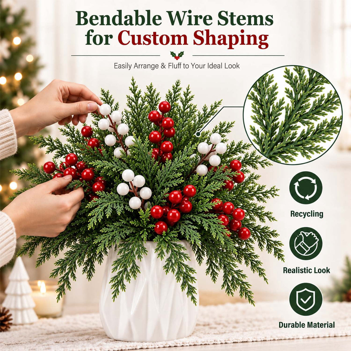 Ayieyill 39 Pack Artificial Pine Branches, 13.5 Inch Christmas Greenery Stems with Red & White Berries for Vase DIY Christmas Decorations Indoor