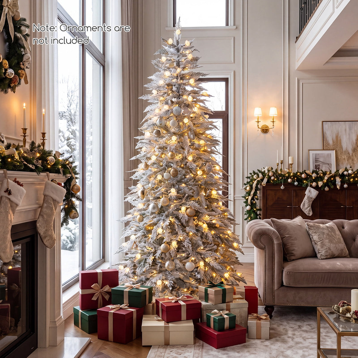 Costway 7 ft Flocked Cypress Christmas Tree with 710 Full PE Branch Tips, 350 LED Lights Sparse-Style White