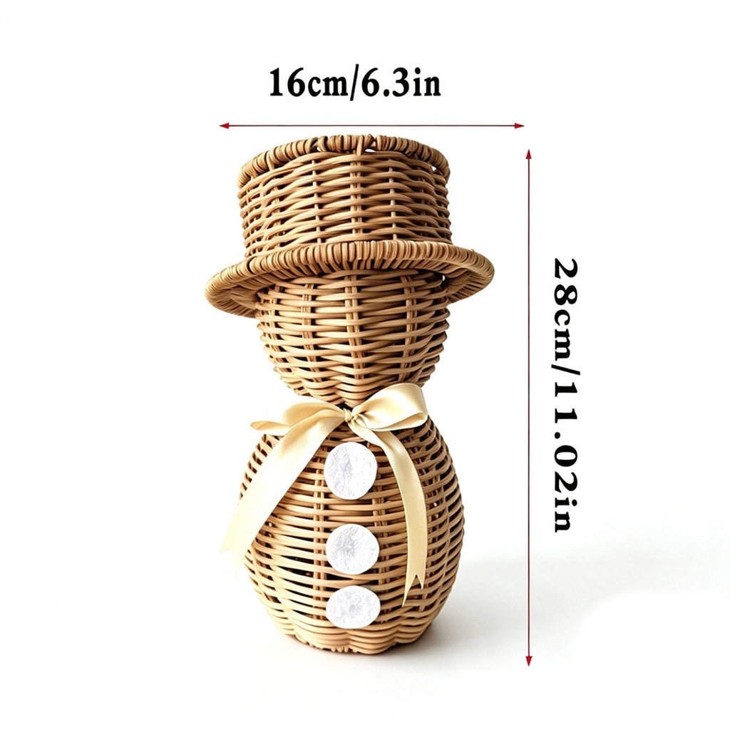FeiBiQiuBi 14.9" Resin Rattan Style Snowman, Rustic Snowman Decorations with Bow, Woven Natural Style Freestanding Design Winter Farmhouse Decor for Home Kitchen Garden, Holiday Table Mantel Decor