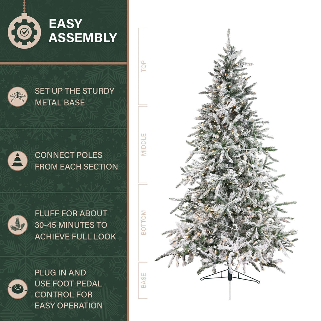 Fraser Hill Farm 6.5-Ft Flocked Mountain Pine Artificial Christmas Tree with Warm White LED Lights, FFMP065-5SN