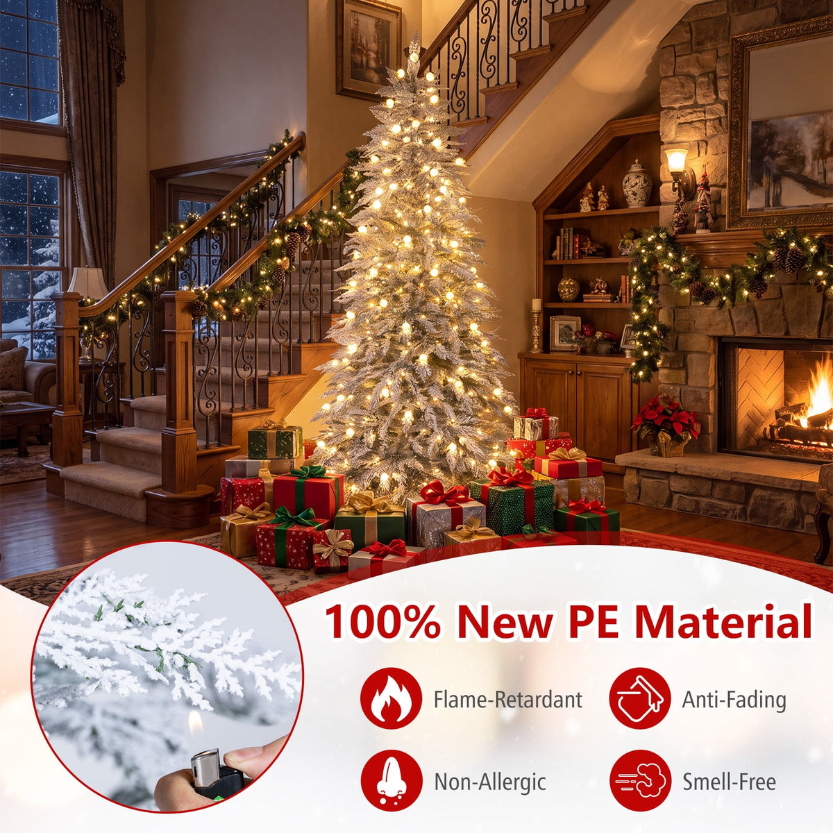 Costway 7 ft Flocked Cypress Christmas Tree with 710 Full PE Branch Tips, 350 LED Lights Sparse-Style White