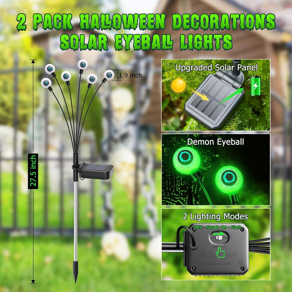 Morfone Halloween Decorations Outdoor, 2 Pack 12 LEDs Solar Scary Eyeball Lights, Waterproof Eyeball Swaying Firefly Lights, Halloween Path Lights for Garden Yard Party, Purple