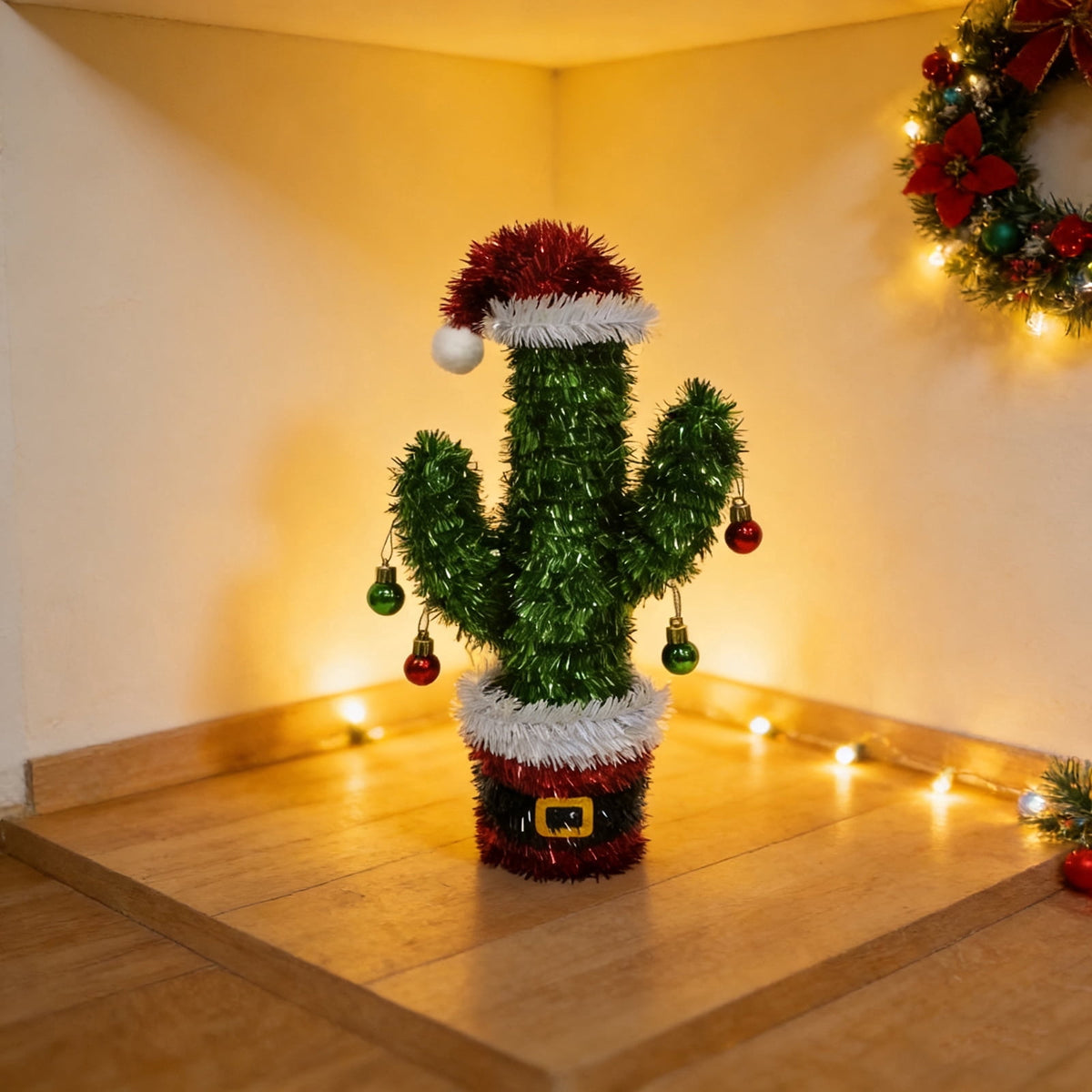 Tinsel Cactus Christmas Decoration, Green/Red/White, 12.5", by Holiday Time