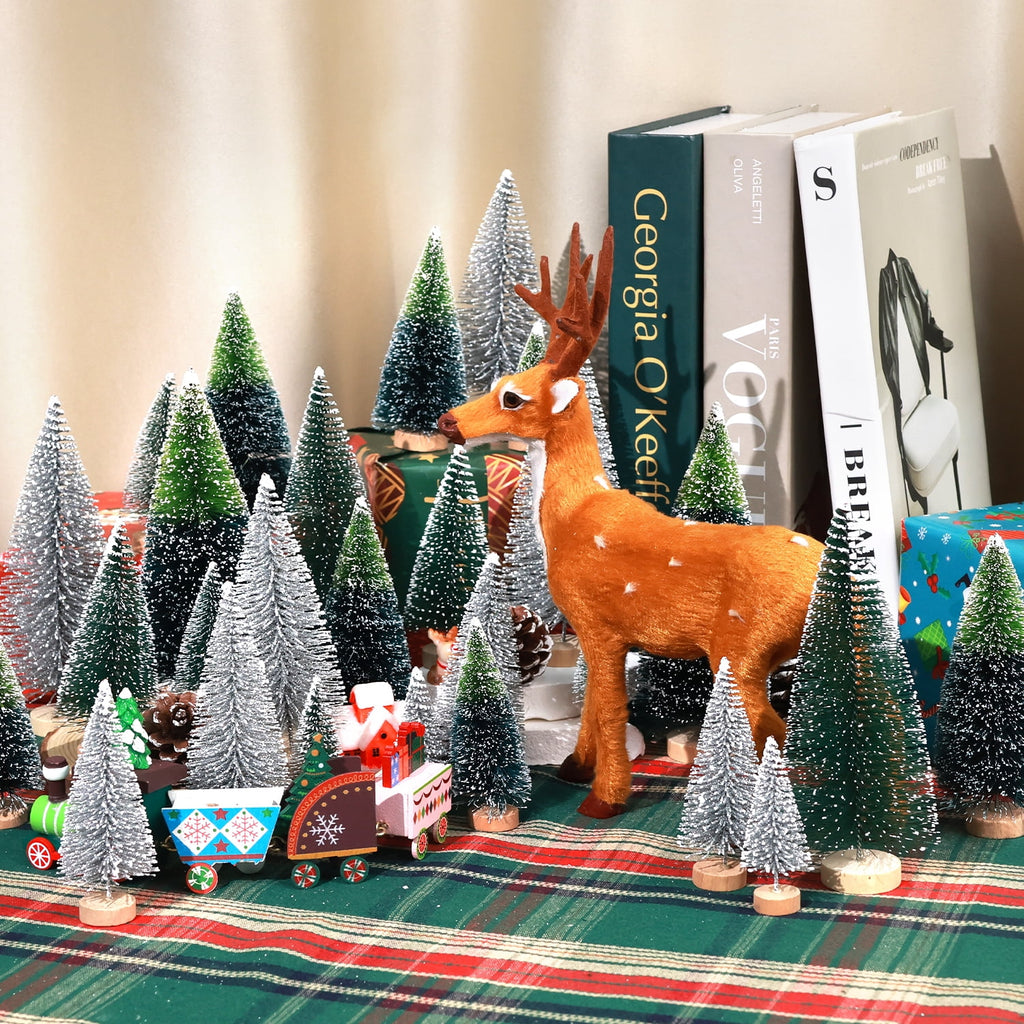 Ayieyill 30PCS Artificial Mini Christmas Trees, Mini Pine Tree Sisal Trees with Wood Base Bottle Brush Trees for Christmas Table Top Decor Winter Crafts Ornaments
