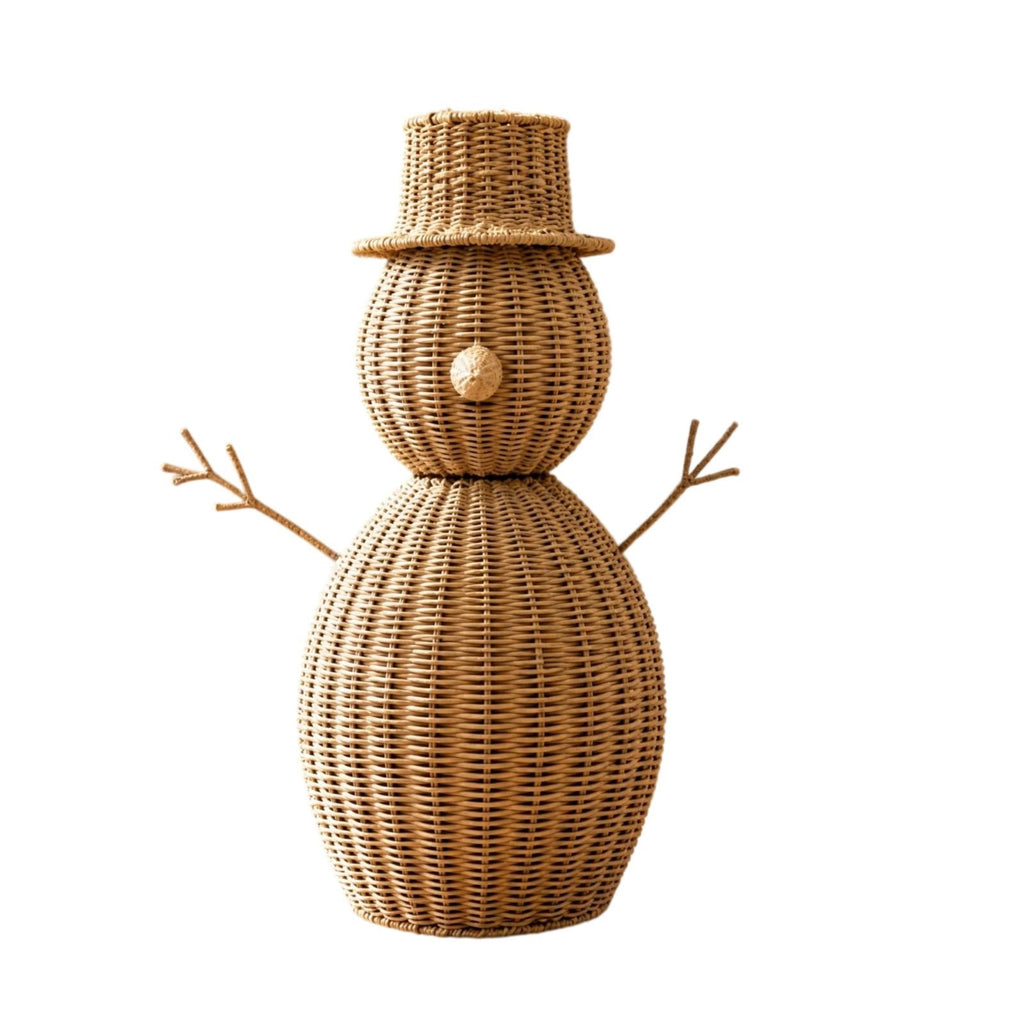 FeiBiQiuBi 14.9" Resin Rattan Style Snowman, Rustic Snowman Decorations with Bow, Woven Natural Style Freestanding Design Winter Farmhouse Decor for Home Kitchen Garden, Holiday Table Mantel Decor