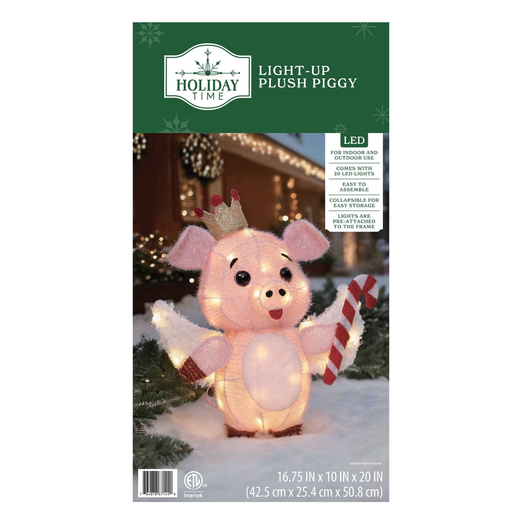 Indoor/Outdoor Light-Up Plush Piggy Christmas Decoration with 20 LED Lights, Warm White, 20", by Holiday Time