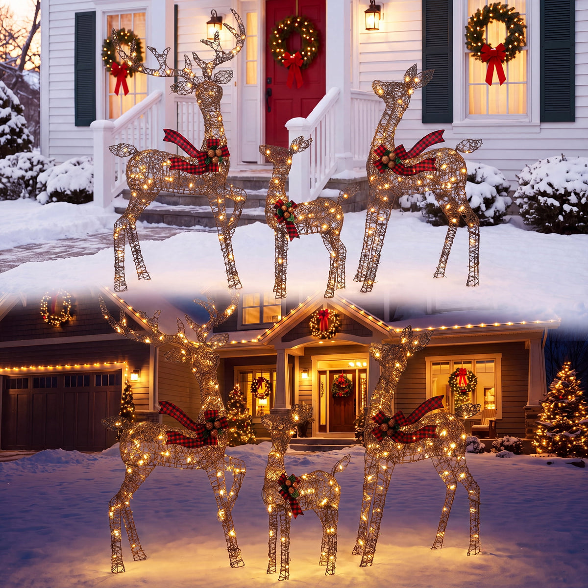 FOOWIN 3-Piece Large Christmas Deer Family, Lighted Outdoor Christmas Decoration, Champagne Gold