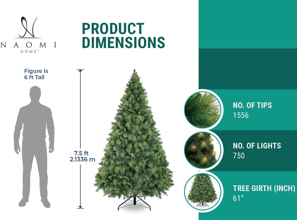 Naomi Home 7.5ft Christmas Tree with Lights, Realistic Traditional Christmas Tree Prelit with Pine Cones, Foot Pedal 1556 Branch Tips, 750 Warm Lights and Metal Stand, Aritificial Christmas Tree