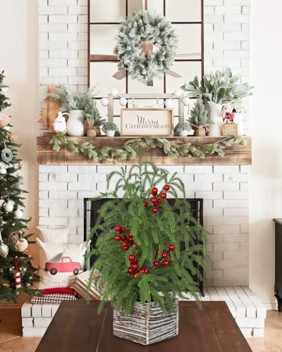 23.6 Inch Farmhouse Faux Cypress Table Tree with Red Berries and Wooden Base